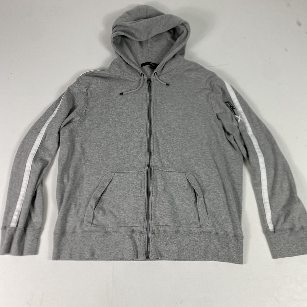 RLX Ralph Lauren Hoodie Mens XL Gray Full Zip Stripe Sleeve Logo Knit Cotton